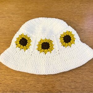 Hand Crocheted White Crochet Sunflower Bucket Hat